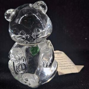 Vintage Fenton Art Glass Clear Birthday Bear Figurine August Peridot w Tag